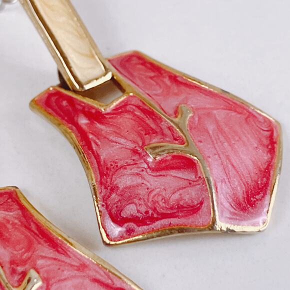 VTG 1980s Marbled Pink Enamel Geometric Statement Earrings Gold Tone Hinged - Picture 5 of 10